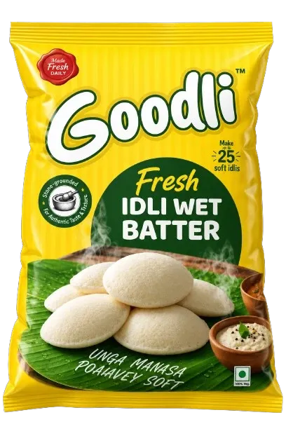 Goodli fresh idli wet batter package with soft steamed idlis